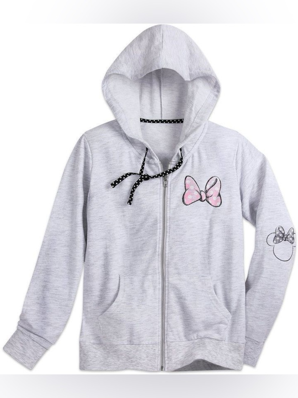 Disney Minnie Mouse Light Gray Zip Hoodie with Pink Bow Accent